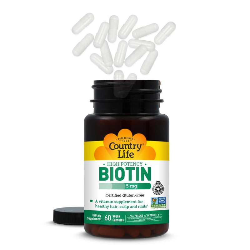 Country Life Biotin 5 mg for Hair, Scalp and Nails, 60 Vegan Capsules | Supports keratin formation for healthy hair, skin & nails; gluten-free and Non-GMO Project Verified Unflavored 60 Count (Pack of 1)