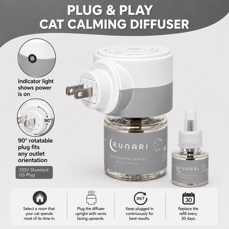 Feline Pheromone Calming Diffuser | Plug-in for Cat Stress, Anxiety, Fighting, Scratching, Over-Grooming, Meowing | Ideal for Multi-Cat Homes | 1 Diffuser + 3 Refills
