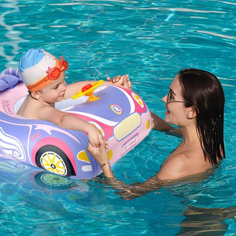 Baby Pool Float with 3D Car Design, PVC Baby Swim Float, Toddler Pool Float, Swimming Floats Seat Boat Pool Toys with Steering Wheel for 12-18, 12-24 Months, Age 2-3, 3+ Years Girl Boy Pink