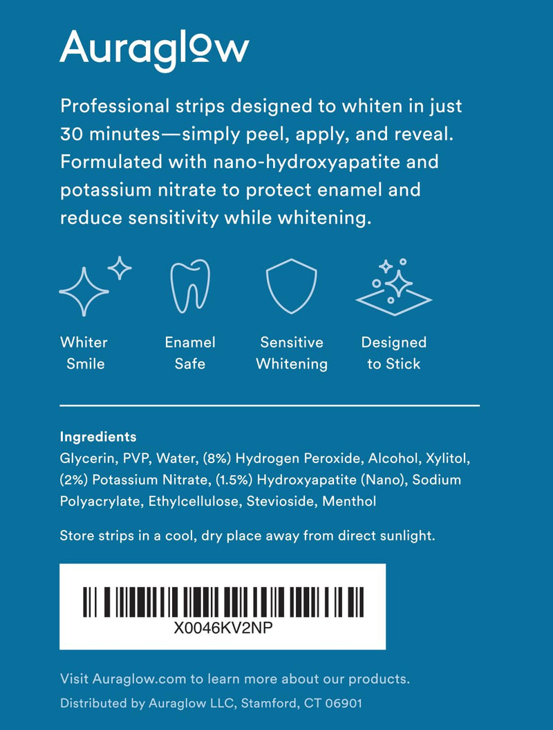 Auraglow Teeth Whitening Strips, Sensitive Whitening Strips, 14 Whitening Treatments, 8% Hydrogen Peroxide with Nano Hydroxyapatite (nHAp) to Reduce Sensitivity and Protect Enamel, 28 Strips, Mint Mint - 8%