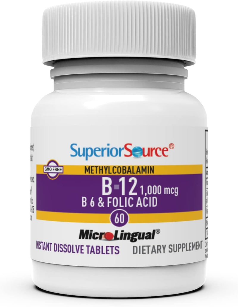 Superior Source No Shot Vitamin B-12 Methylcobalamin 1000 mcg, B-6 & Folic Acid 800 mcg - Supports Brain & Heart Health - Aids Natural Energy Levels - 60 Sublingual Dissolving Tablets Unflavored 60 Count (Pack of 1)