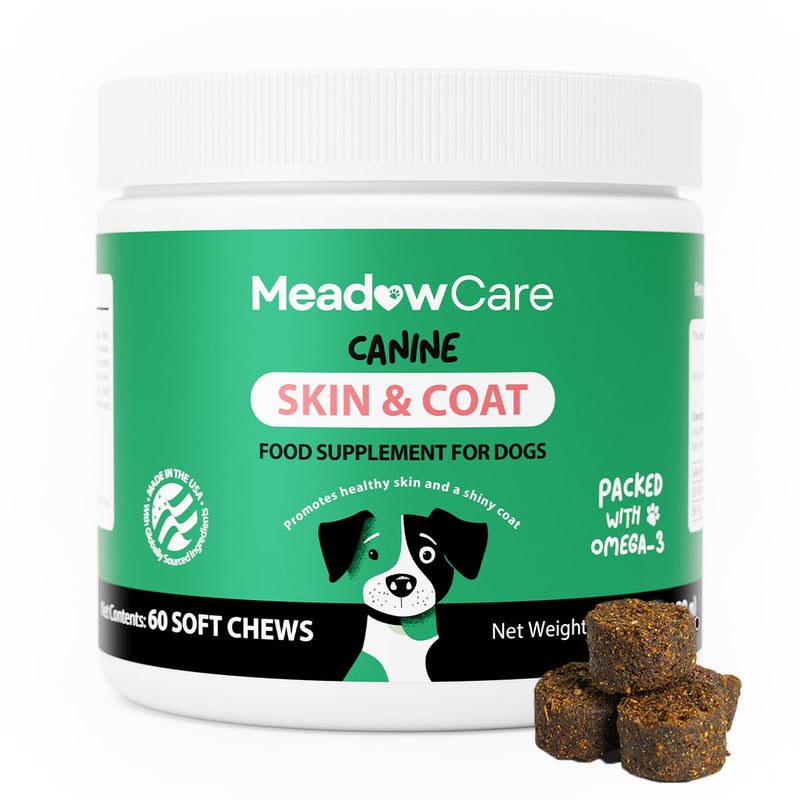 Skin and Coat Supplement for Dogs | Omega 3 Fatty Acid Formula to Support Canine Healthy Skin, Reduce Shedding, and Improve a Glossy, Shiny Coat | 60 Tasty Soft Chews 180g (6.35 oz) | by MeadowCare