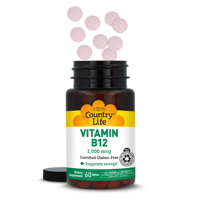 Country Life Vitamin B12 1,000 mcg, Vegan Energy Support, 60 Tablets | One daily tablet supports normal nervous system function and red blood cell formation 60 Count (Pack of 1)