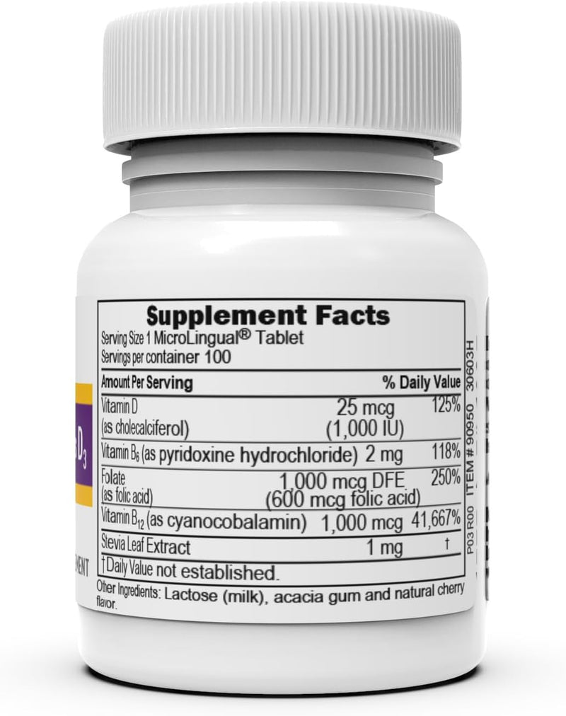 Superior Source No Shot Vitamin B-12 Cyanocobalamin 1000 mcg, B-6, Folic Acid & Vitamin D-3 1000 IU - Supports Energy, Brain, Heart, & Bone Health - 100 Sublingual Dissolving Tablets (Pack of 2) 1 Count (Pack of 2)