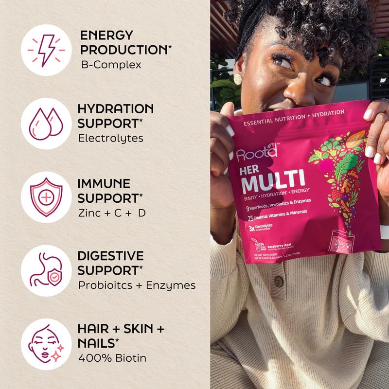 Root'd Multivitamin Powder for Women - 25 Vitamins & Minerals - 24 Count | 3X Electrolytes, 9 Organic Superfoods, Probiotics & Enzymes, Sugar-Free Multivitamin & Hydration - Raspberry Acai 0.22 Ounce (Pack of 24) Her (Raspberry Acai)