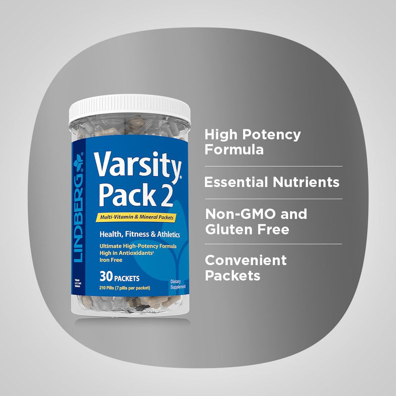 Lindberg Varsity Pack 2 | All-in-One Multivitamin and Mineral Packets | 30 Count | for Health, Fitness and Athletics | Supplement for Men and Women | Non-GMO, Gluten Free