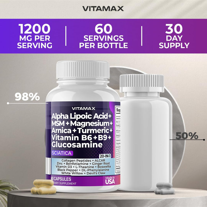 Sciatica Nerve Health Support - Sciatic Nerve Supplement Capsules with Folic Acid, Pea, Glucosamine, MSM, Vitamin B Complex, Alpha Lipoic Acid 300mg - Made in USA (60 Count (Pack of 2)) 60 Count (Pack of 2)