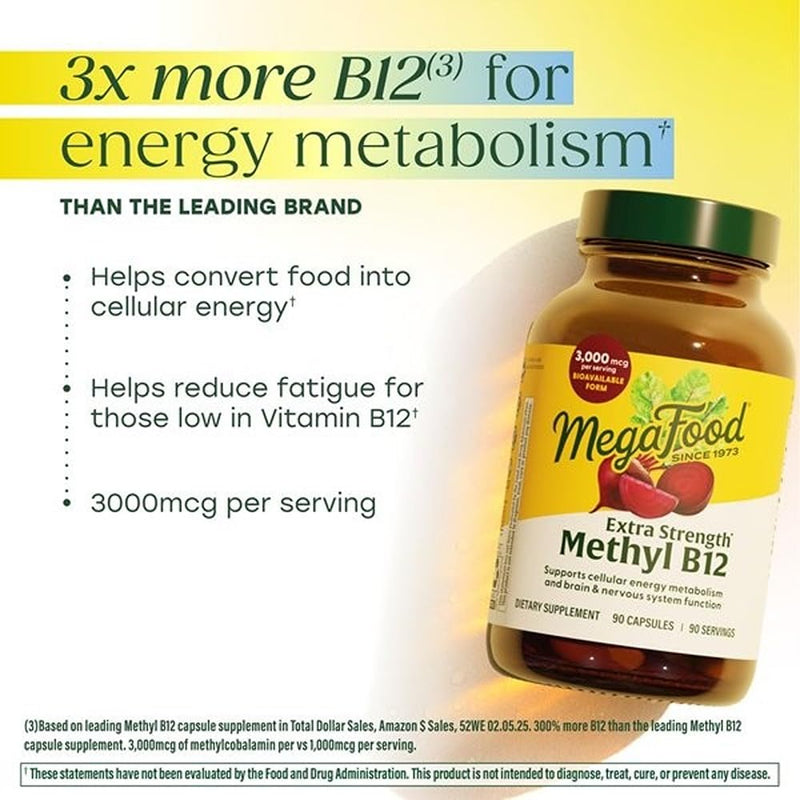 MegaFood Extra Strength Methyl B12 Vitamin, Cellular Energy, 90 Capsules | Bioavailable Vitamin B12, 3000 mcg, Supports Energy Metabolism and Nervous System Health, Beet Root, Vegan, 90 Servings