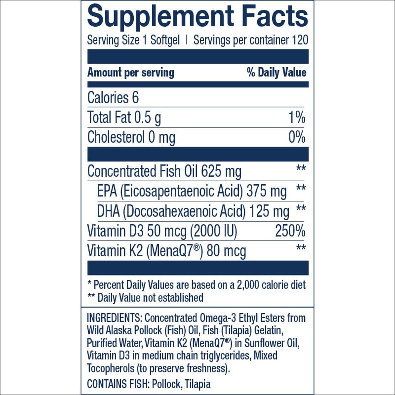 Wiley's Finest Omega-3 with Vitamin K2 and D3, 120 Count (Pack of 1) | Wild Alaskan Fish Oil, Vitamin K2 and D3 Softgels, 500 mg EPA and DHA, 80 mcg K2 and 50 mcg D3, Bone and Heart Health Support 120 Count (Pack of 1)