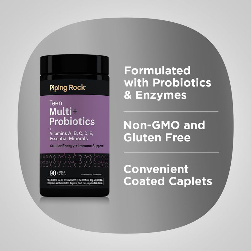 Piping Rock Teen Multivitamin + Probiotics | 90 Caplets | with Essential Vitamins & Minerals | Immune Support | Non-GMO, Gluten Free