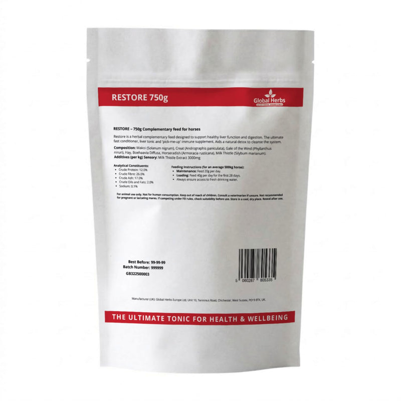 Global Herbs Restore Powder for Horses 750g Refill Pouch Liver, Digestion & Condition Support Herbal Supplement