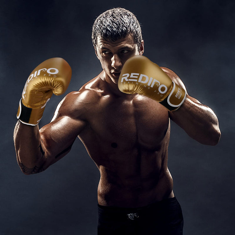 Boxing Gloves for Men & Women, Premium Leather Sparring Heavy Bag Training Gloves, Pro Punching Bag Gloves for Muay Thai, Kickboxing, MMA 14OZ Gold