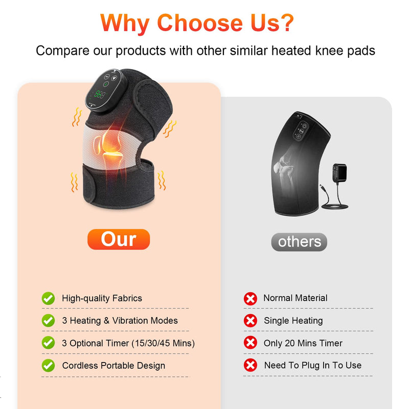 Cordless Heated Knee Massager, FSA Eligible 3-in-1 Electric Massager with Heating Pad for Elbow Shoulder Wrap with 3 Vibration & 6 Heating Modes Black White 1 Pack