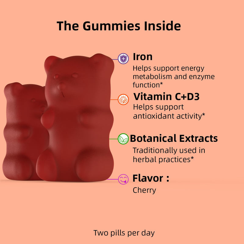 Vegan Iron Gummies, Daily Nutritional Support for Adults, 60 Count | Plant-Based Iron Supplement with Vitamin C, E, B12 & Folate, Energy Metabolism Support & Women’s Wellness, Cherry Flavor