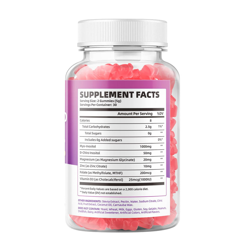 2 Pack Myo-Inositol & D-Chiro-Inositol Gummies with Vitamin D3, Magnesium Glycinate, Folate & Zinc, Inositol Supplement for Female Health, Vegan, Raspberry Flavor, 120 Gummies 2pack