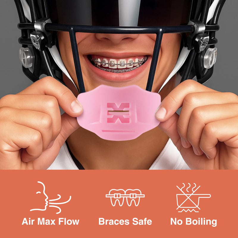 SLEEFS Soft Football Mouth Guard 2.0 - Youth Mouthguard with Strap (Removable) - Lip/Teeth Protector Mouthpiece - No Boil - for Youth/Adults, Maximum Air Flow for Flag Football, Lacrosse - Soft Pink - BeesActive Australia