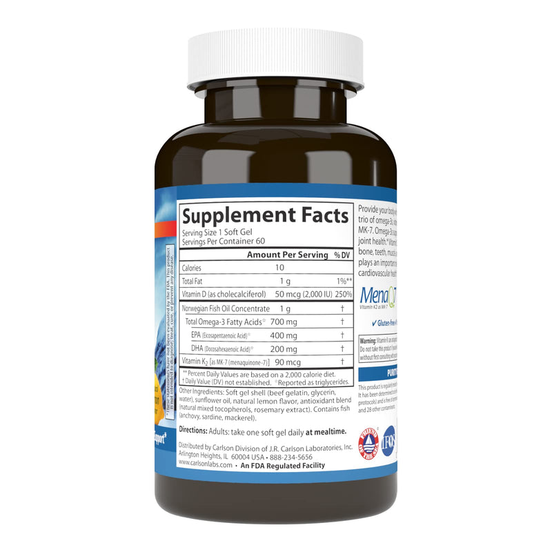 Carlson Elite Omega-3 Plus D & K, 700 mg, Omega-3s, Lemon, 60 Softgels | plus Vitamin D3 and K2 as MK-7 60 Count (Pack of 1)