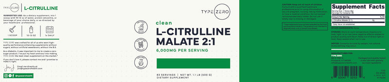 Type Zero Clean L-Citrulline Malate 2:1 Powder Drink Mix (Unflavored) 500g | Keto Friendly, Gluten-Free, GMO-Free, 83 Servings 500 Gram (Pack of 1)