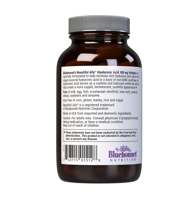 Bluebonnet Nutrition Beautiful Ally Hyaluronic Acid 100mg, Nurture Radiant Skin*, Non-GMO, Gluten-Free, Soy-Free, 90 Softgels, 90 Servings | Third-party tested for purity and potency; manufactured in the USA