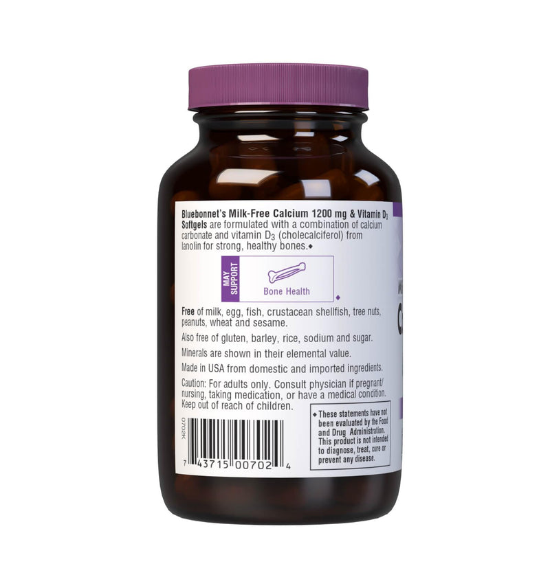 Bluebonnet Nutrition Milk-Free Calcium 1,200 mg Plus Vitamin D3 400 IU - High Potency, Maximum Absorption Strong Healthy Bones & Immune Health Support Supplement, Gluten-Free, Dairy-Free, 60 Softgels | Third-party tested for purity and potency; manufac...
