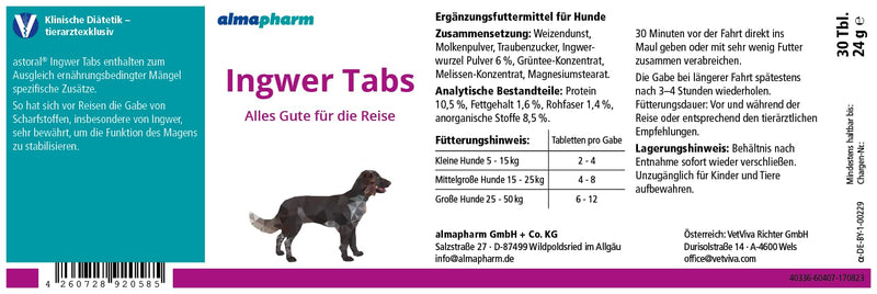 almapharm ginger tabs | 30 tablets | Supplementary food for dogs to stabilize gastric peristalsis | Against motion sickness in dogs on car journeys - BeesActive Australia
