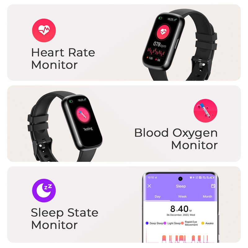 Fitness Tracker for Women Men, Smart Watch Band with 24/7 Heart Rate Blood Oxygen Sleep Monitor, Calories Step Tracker Pedometer 3ATM Waterproof Activity Tracker for Android iOS, Black