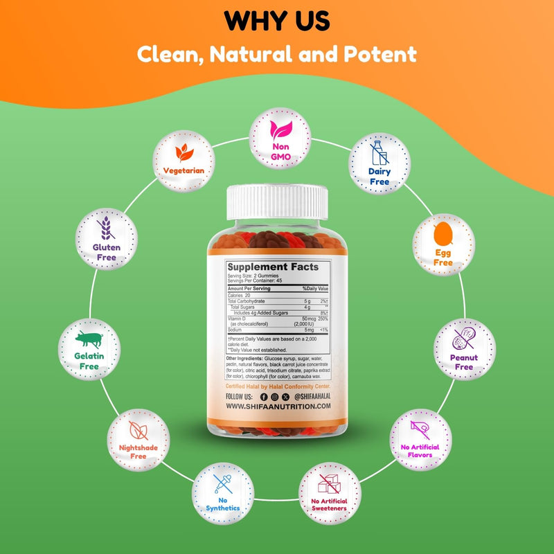 SHIFAA NUTRITION Vegetarian Vitamin D3 Gummies for Adults & Kids | 45-90 Servings, 2,000IU / 1,000IU | Non-GMO, Gluten-Free, Gelatin-Free | Supports Bones, Muscles & Immune System Halal Vitamins