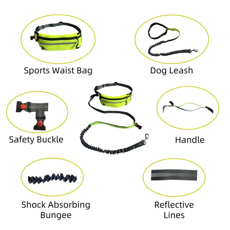 FJ Four Joys Hands Free Dog Leash with Zipper Pouch, Waist Leash for Dog Walking with Shock Absorbing Bungee for Walking, Jogging and Running (Yellow-Green) Yellow-green - BeesActive Australia