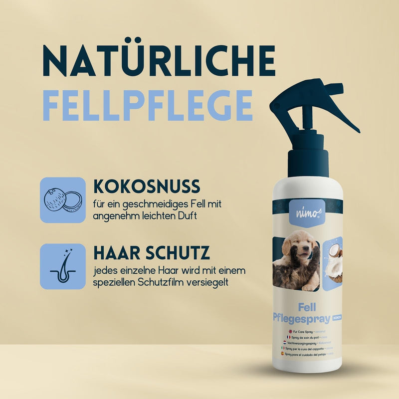 nimo® fur care spray coconut | for dogs, cats & pets with coconut | Care spray for shiny & well-groomed fur | easier combing, fur care, detangling | Coconut grooming 500ml bottle - BeesActive Australia