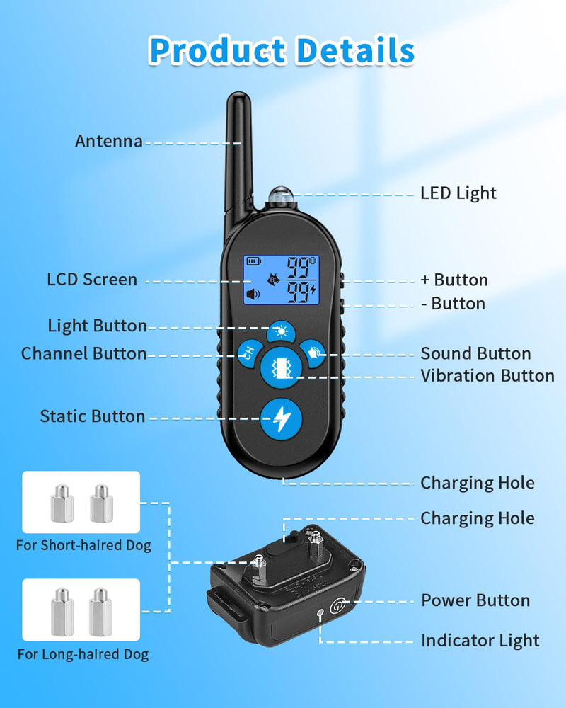 Dog Shock Collar, 2500FT Dog Training Collar with Remote for 20-110lbs Medium Large Dogs, IPX7 Waterproof Rechargeable Electric Collar with 4 Training Modes, Beep, Light, Vibration and Shock (Blue) - BeesActive Australia