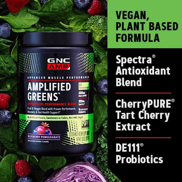 GNC AMP Amplified Greens Blend, ICY Lemonade, 10 oz, 30 Servings | Clinically Studied Cherrypure and Spectra Support Aerobic Performance and Antioxidant Health, with Probiotics for Gut Support