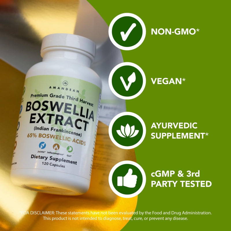 AMANDEAN Boswellia Serrata Extract. 500mg 120 Veggie Capsules. 65% Boswellic Acids with AKBA. Indian Frankincense Inflammation Supplement. Joint Support, Mobility, Digestive Health. - BeesActive Australia