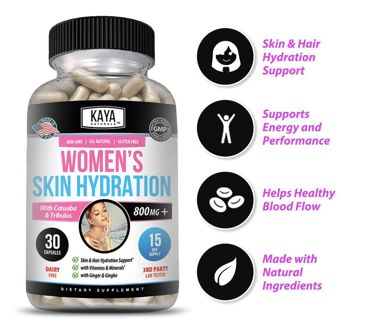 Kaya Naturals Skin Hydration Vitamins - Female Pills - Skin Enhancer Capsules -Hydration Booster for Women - Promotes Increased Energy, Mood & Stamina - Reduction in Dryness - 30 Veggie Capsules