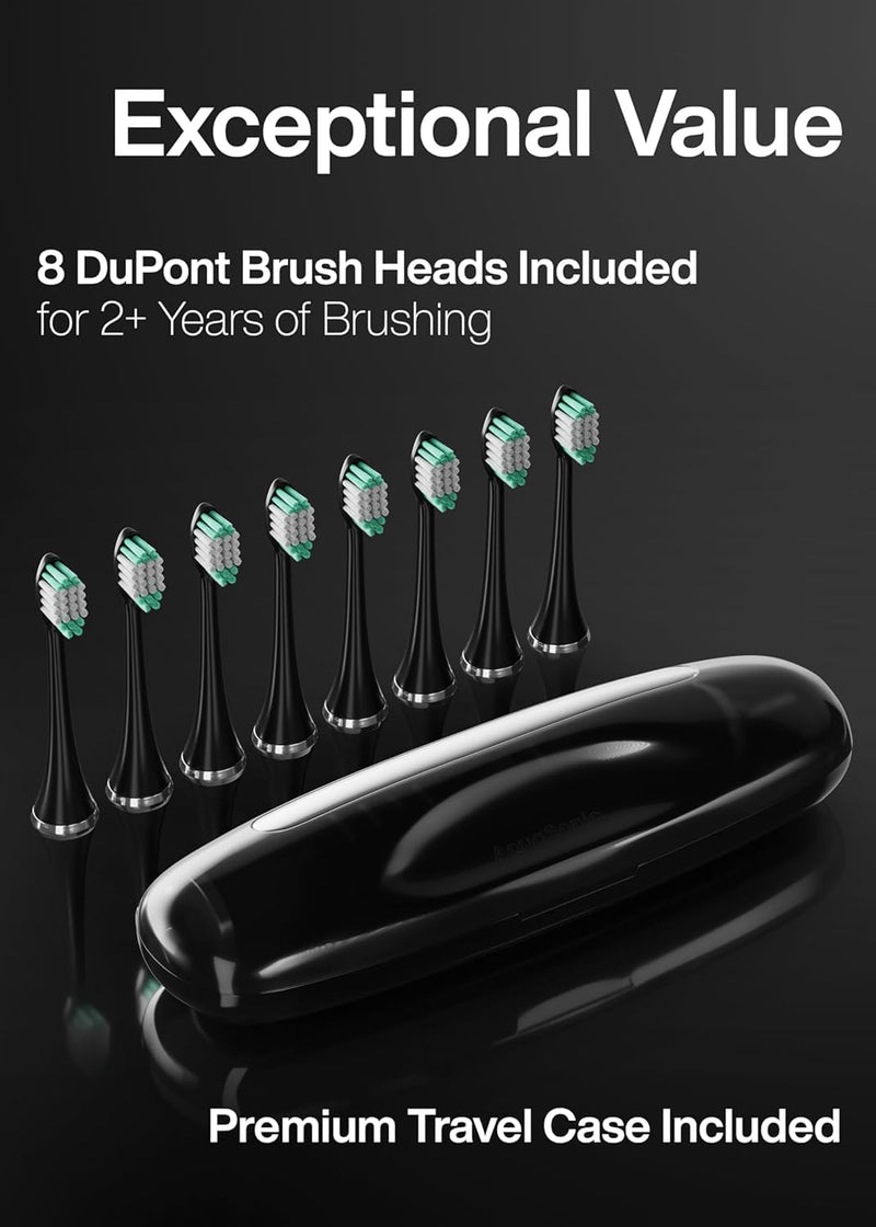 Aquasonic Black Series Ultra Whitening Toothbrush – ADA Accepted Electric Toothbrush- 8 Brush Heads & Travel Case – 40,000 VPM Electric Motor & Wireless Charging - 4 Modes w Smart Timer 1 Count (Pack of 1) - BeesActive Australia