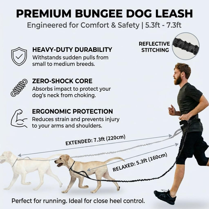 Tails & Tales Hands Free Dog Leash with Lightweight Waist Pouch for Walking Running Hiking, Adjustable Belt 25-45", Dual Padded Handles, Reflective Bungee Design for Small to Large 100lb Dogs (Gray) Gray - BeesActive Australia