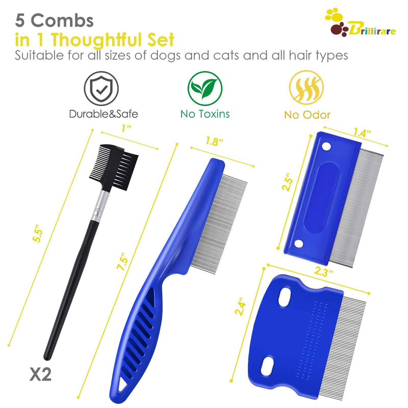 5 Pack Flea Lice Comb, 2-in-1 Stainless Steel Dog Cat Grooming Combs with Rounded Teeth, Double Sided Professional Pet Tear Stain Remover, Dematting Tool for Small, Medium & Large Pets - BeesActive Australia