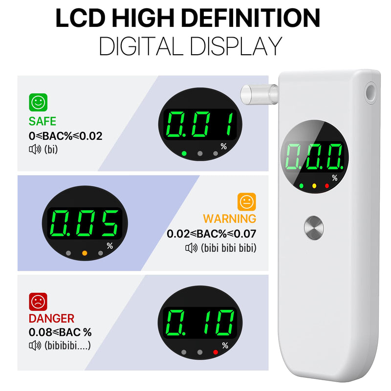 Breathalyzer, Professional-Grade Accurate Alcohol Breathalyzer Tester with LCD Digital Display and 10 Mouthpieces, Portable Alcohol Tester for Home and Party Use (White) White - BeesActive Australia