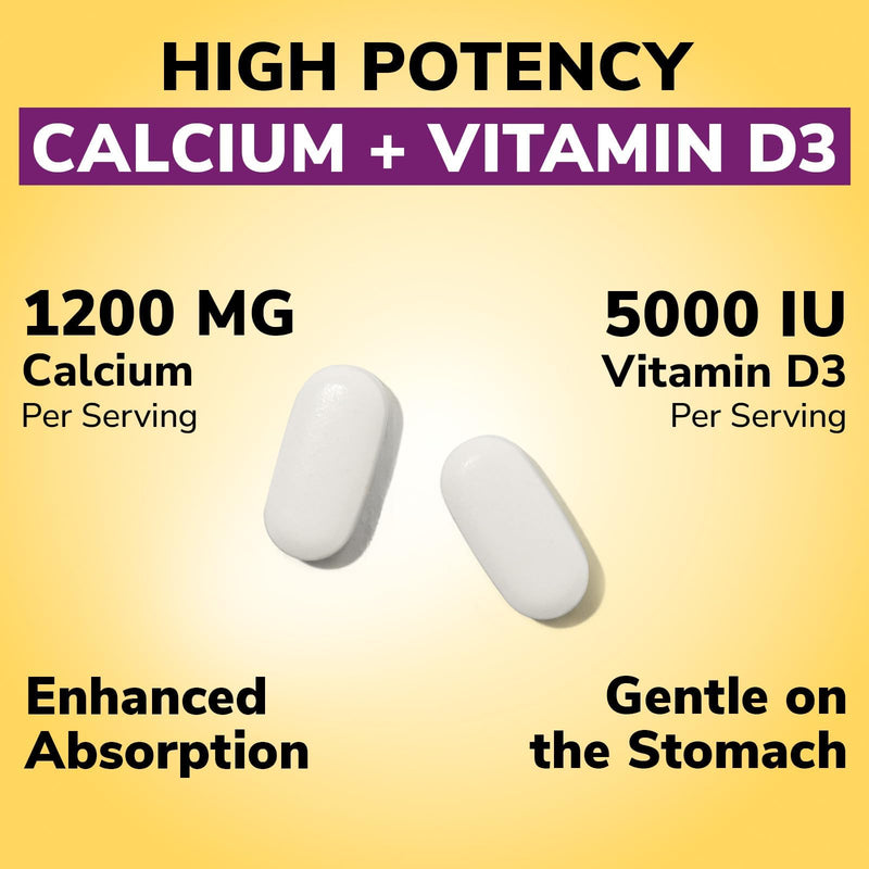 Vitalibre Calcium Supplements for Women, 120 Coated Tablets | Calcium 1200 mg with Vitamin D3 5000IU, Bone Strength Density, Enhanced Absorption Stomach - Friendly Gentle 120 Count (Pack of 1)