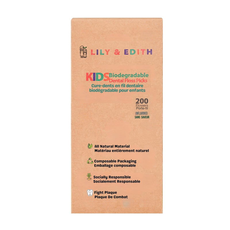LILY & EDITH Kids Biodegradable Dental Floss Picks 200 Counts, Fluoride Free, Plant Based Material, Fun Animal Flossing Sticks, Ultra Sturdy Thread, Zero Waste Package (Unflavored) Unflavored - BeesActive Australia