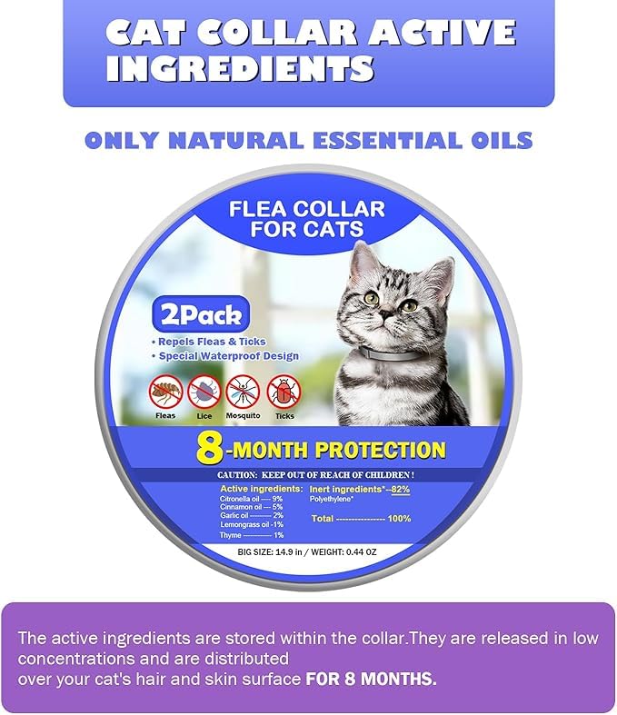 Flea and Tick Collar for Cats, 8 Months of Cat Flea Collar Protection 2 Collars Made with Premium Plant Based Essential Oil Waterproof and Natural Treatment Prevention Free Comb, 2Pack - BeesActive Australia