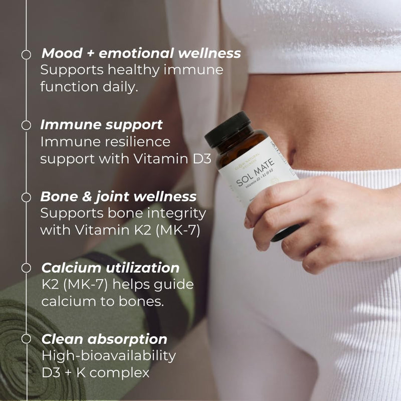 Glow Natural Wellness Sol Mate - Vitamin D3 & K2 Supplement for Women, Vitamins K1 & K2 + D3 Daily Capsules, 30 Count