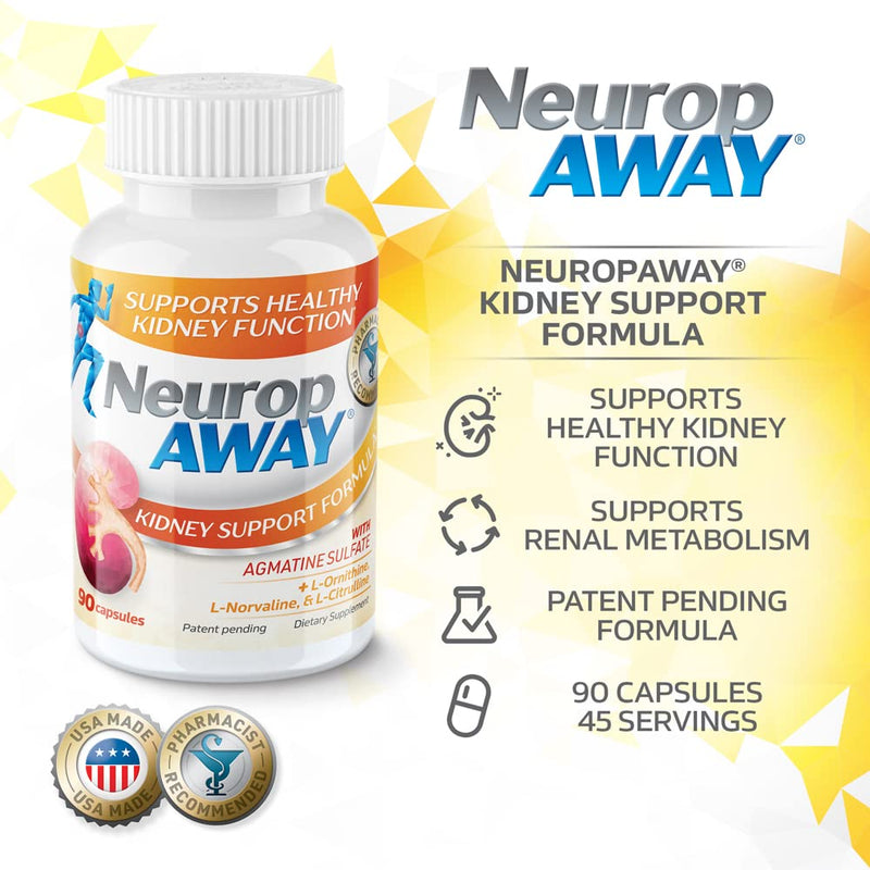 NeuropAWAY Kidney Support Formula Sugar Free with Agmatine Sulfate 500mg L-Novaline 50mg L-Ornithine 150mg L-Citrulline 100mg Per Capsule 90CT Fast Acting Kidney Support 90 Count (Pack of 1)
