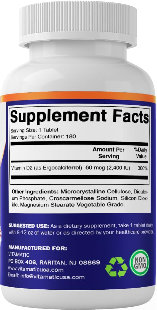 Vitamatic Vegan Vitamin D2 2400 IU Tablets, 180 Count, Made in USA | Ergocalciferol, Immune Health Support*, Non-GMO, Gluten Free 1 Bottle
