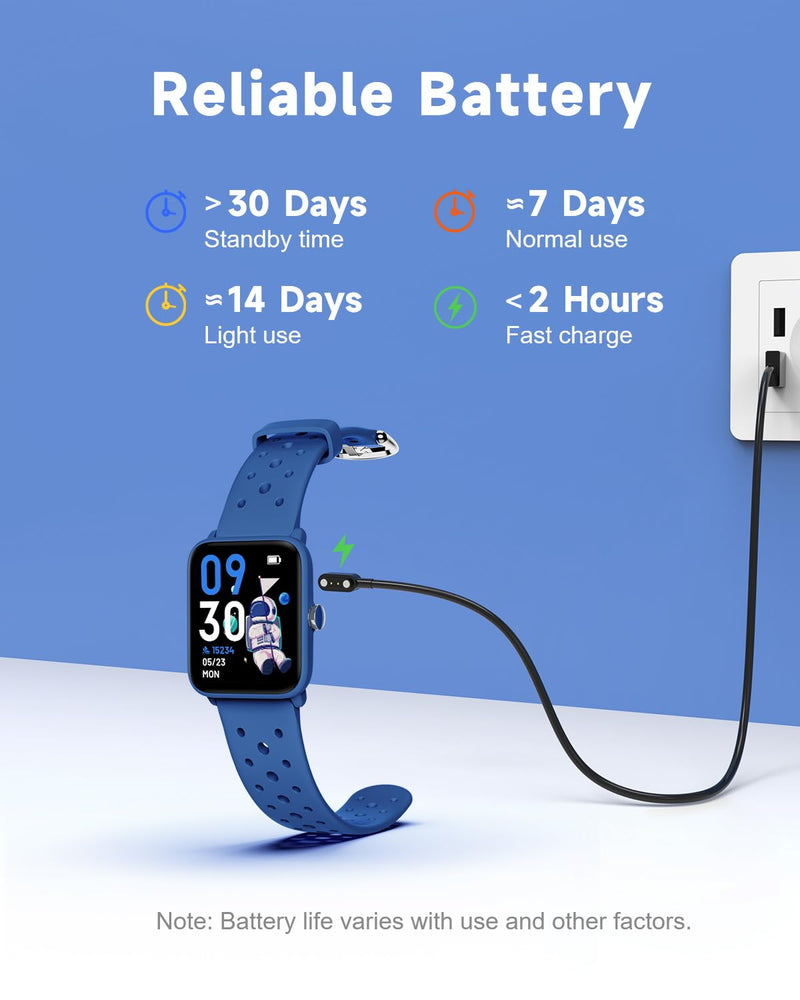 BIGGERFIVE Smart Watch for Kids Without APP, Fitness Tracker Watch Pedometer, Heart Rate, 5ATM Waterproof, Sleep Monitor, Calorie Step Counter, Games, Alarm Clock for Boys Girls 5-14, Porous Blue