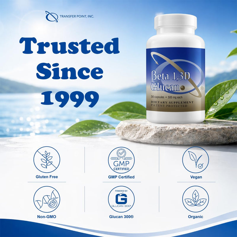 Transfer Point Beta 1,3D Glucan 500 mg, 30 Capsules | Immune support, yeast-derived, 30-day supply, pet-safe, Non-GMO, vegan, highest purity 30 Count (Pack of 1)