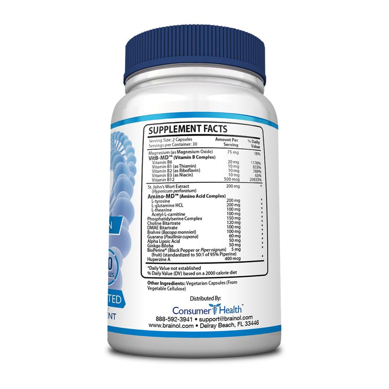Brainol - Targeted Brain Support Supplement - B Vitamins, Magnesium, Amino Acids, St. John's Wort, Phosphatidylserine, Ginkgo Biloba - Vegan-Friendly - 60 Capsules - 1 Month Supply 60 Count (Pack of 1)