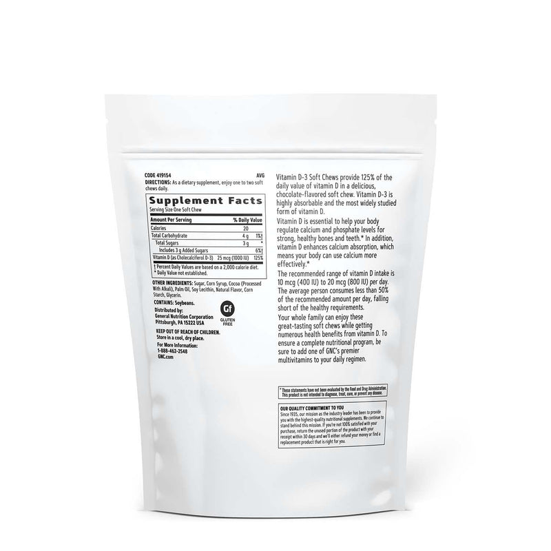 GNC Vitamin D-3 Soft Chews 1000IU, Chocolate, 60 Count, Twin Pack | Provides 125% Daily Value of Vitamin D-3 to Support Teeth, Bone, and Immune Health in a Delicious Soft Chew 60 Count (Pack of 2)