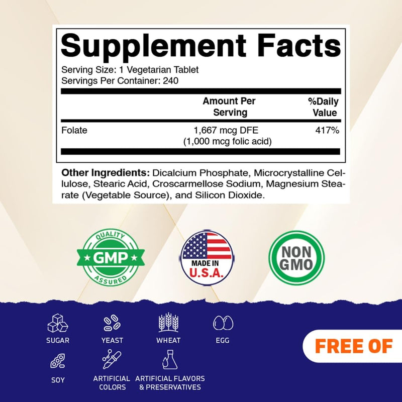 Vitamatic Folic Acid 1000 mcg (1 mg), 240 Tablets, 2 Pack | Vegetarian 480 Count (Pack of 1)