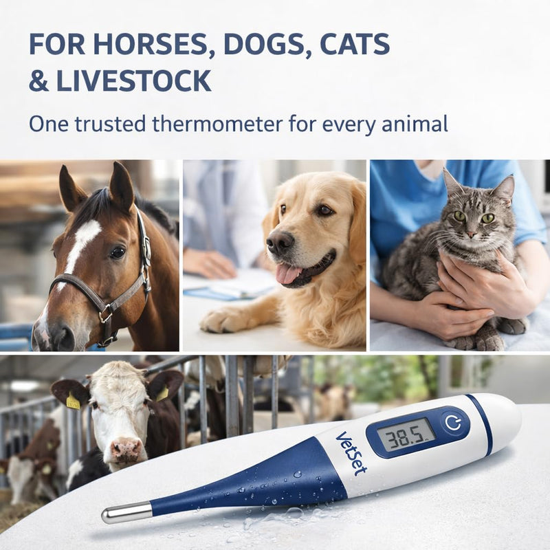 Digital Vet Thermometer for Pet, Equine & Livestock Animals | Veterinary Thermometer for Horses, Dogs, Cats & Cattle | Flexible Waterproof Tip | Fast 60 Sec Accurate Readings