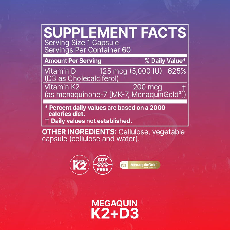 Microbiome Labs MegaQuin D3 + K2 - High Potency Vitamin D3 K2 Supplement - Bioactive & Bioavailable - Vitamin D3 5000 iu & MK-7 - Support Bone, Heart, Nerve & Immune Health (60 Capsules)